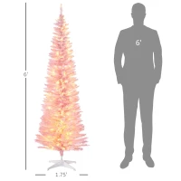 HOMCOM 6ft Pencil Christmas Tree, Slim Artificial Christmas Tree with Realistic Branches and Warm White LED Lights, Pink(m-3)