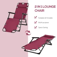 Outsunny Folding Chaise Lounge Chair for Outside, 2-in-1 Tanning Chair with Pillow & Pocket, Adjustable Pool Chair for Beach, Patio, Lawn, Deck, Red(m-5)