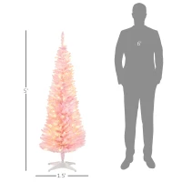 HOMCOM 5ft Pencil Christmas Tree, Slim Artificial Christmas Tree with Realistic Branches and Warm White LED Lights, Pink(m-3)