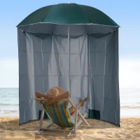Outsunny Arc. 7ft Fishing Umbrella Beach Parasol with Sides Brolly Shelter Canopy Shade with Carry Bag Dark Green(m-1)