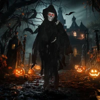 Outsunny 45" Outdoor Halloween Decorations Hanging Grim Reaper in Black Robe, Festival Animated Prop Décor with Sound and Motion Activated, Light Up Eyes(m-2)