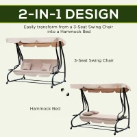 Outsunny 3-Seat Outdoor Patio Swing Chair, Converting Flatbed, Outdoor Swing Glider with Adjustable Canopy, Removable Cushion and Pillows, for Porch, Garden, Poolside, Backyard, Light Brown(m-6)