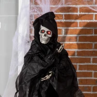 Outsunny 45" Outdoor Halloween Decorations Hanging Grim Reaper in Black Robe, Festival Animated Prop Décor with Sound and Motion Activated, Light Up Eyes(m-7)