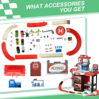 Qaba City Garage Playset with 65 Accessories, 2 in 1 Design Children Trolley, Car Ramp Toy Set with 6 Mini Racer Cars, Gifts for Kids Ages 3-6 Years Old(m-6)