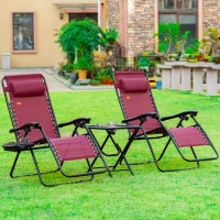 Outsunny Zero Gravity Chair Set with Side Table, Folding Reclining Chair with Cupholders & Pillows, Adjustable Lounge Chairs for Pool, Backyard, Lawn, Beach, Wine Red(m-2)