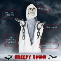 Outsunny 60" Life Size Outdoor Halloween Decorations Hanging Grim Reaper in White Robe, Animated Prop with Sound and Motion Activated Light Up Eyes, Howling and Chain Sound(m-4)