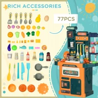 Qaba Toy Kitchen, 77 Pieces Kids Play Kitchen Role Playing Game with Sound and Light, Water Spray, Running Water(m-7)