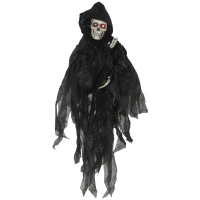 Outsunny 45" Outdoor Halloween Decorations Hanging Grim Reaper in Black Robe, Festival Animated Prop Décor with Sound and Motion Activated, Light Up Eyes(m-1)