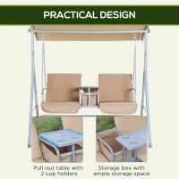 Outsunny 2-Seater Outdoor Porch Swing with Canopy and Table, Patio Swing Chair for Garden, Poolside, Backyard, Beige(m-7)