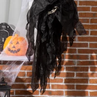 Outsunny 45" Outdoor Halloween Decorations Hanging Grim Reaper in Black Robe, Festival Animated Prop Décor with Sound and Motion Activated, Light Up Eyes(m-9)