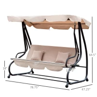 Outsunny 3-Seat Outdoor Patio Swing Chair, Converting Flatbed, Outdoor Swing Glider with Adjustable Canopy, Removable Cushion and Pillows, for Porch, Garden, Poolside, Backyard, Light Brown(m-3)