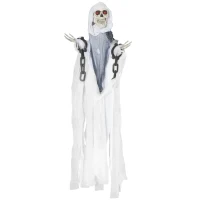 Outsunny 60" Life Size Outdoor Halloween Decorations Hanging Grim Reaper in White Robe, Animated Prop with Sound and Motion Activated Light Up Eyes, Howling and Chain Sound(m-1)