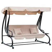 Outsunny 3-Seat Outdoor Patio Swing Chair, Converting Flatbed, Outdoor Swing Glider with Adjustable Canopy, Removable Cushion and Pillows, for Porch, Garden, Poolside, Backyard, Light Brown(m-1)