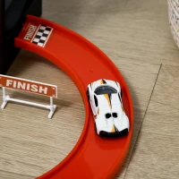 Qaba City Garage Playset with 65 Accessories, 2 in 1 Design Children Trolley, Car Ramp Toy Set with 6 Mini Racer Cars, Gifts for Kids Ages 3-6 Years Old(m-7)