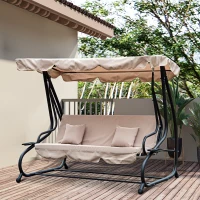 Outsunny 3-Seat Outdoor Patio Swing Chair, Converting Flatbed, Outdoor Swing Glider with Adjustable Canopy, Removable Cushion and Pillows, for Porch, Garden, Poolside, Backyard, Light Brown(m-2)