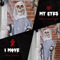 Outsunny 60" Life Size Outdoor Halloween Decorations Hanging Grim Reaper in White Robe, Animated Prop with Sound and Motion Activated Light Up Eyes, Howling and Chain Sound(m-5)