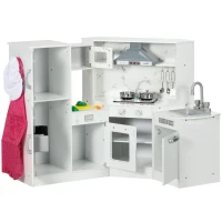 Qaba Play Kitchen Set for Kids w/ Apron and Chef Hat, Ice Maker White(m-1)