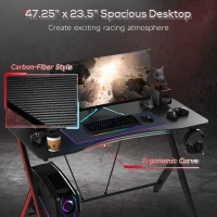 HOMCOM 47 inch Gaming Computer Desk, Home Office Gamer Table Workstation with Cup Holder, Headphone Hook, Cable Management, Carbon Fiber Surface(m-6)