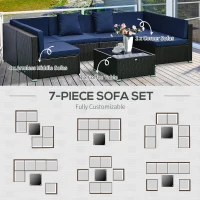 Outsunny 7 Piece Patio Furniture Set, PE Rattan Outdoor Conversation Set with Sectional Sofa, Glass Tabletop, Cushions and Pillows for Garden, Lawn, Deck, Brown and Royal Blue(m-6)