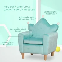 Qaba Kids Sofa, Armrest Chair for Preschool, Toddler Couch for Kids Room, Kindergarten, Dutch Velvet, Eucalyptus Wood, Light Blue(m-4)