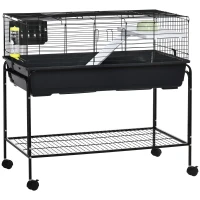 PawHut Small Animal Cage with Rolling Stand, Portable Bunny Cage with Storage Shelf, Guinea Pig Cage, Chinchilla Ferret Cage with Food Dish, Hay Feeder, Water Bottle, 39" x 22" x 36.5"(m-1)