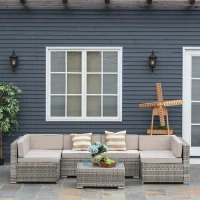 Outsunny 7-Piece Outdoor Wicker Patio Sofa Set, Modern Rattan Conversation Furniture Set with Cushions, and Tea Table, Beige(m-2)