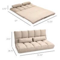 HOMCOM Convertible Floor Sofa Chair, Folding Couch Bed, Guest Chaise Lounge with 2 Pillows, Adjustable Backrest and Headrest, 51.25" L, Beige(m-3)