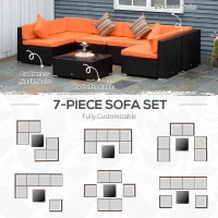 Outsunny 7pcs Garden Wicker Sectional Set w/ Tea Table Patio Rattan Lounge Sofa with Cushion for Outdoor Deck Orange(m-6)