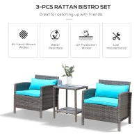 Outsunny 3 Piece Patio Furniture Set w/ Cushions, PE Rattan Outdoor Table And Chairs, 2-Tier Glass Top Coffee Table, Green(m-4)