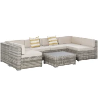 Outsunny 7-Piece Outdoor Wicker Patio Sofa Set, Modern Rattan Conversation Furniture Set with Cushions, and Tea Table, Beige(m-1)