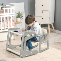 Qaba Wooden Kids Table and Chair Set with Toy Storage Bench and 2  Chairs for Indoor Writing Reading Dinning, Grey/White(m-2)