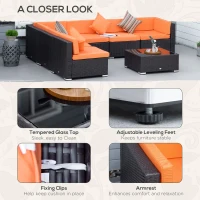 Outsunny 7pcs Garden Wicker Sectional Set w/ Tea Table Patio Rattan Lounge Sofa with Cushion for Outdoor Deck Orange(m-7)