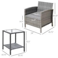Outsunny 3 Piece Patio Furniture Set w/ Cushions, PE Rattan Outdoor Table And Chairs, 2-Tier Glass Top Coffee Table, Green(m-3)