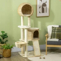 PawHut 59 Inch Cat Tree for Indoor Cats with Cat Condo, Hammock, Beige(m-8)