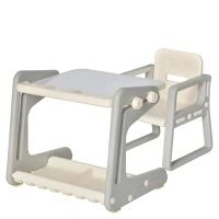 Qaba Wooden Kids Table and Chair Set with Toy Storage Bench and 2  Chairs for Indoor Writing Reading Dinning, Grey/White(m-1)