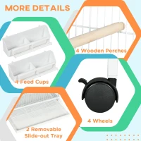 PawHut 67"H Bird Cage with Rolling Stand, Cockatiels Finches Budgie Cage with Divider, Removable Trays  - White(m-4)