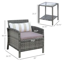 Outsunny 3 Piece Patio Furniture Set w/ Cushions, PE Rattan Outdoor Table And Chairs, 2-Tier Glass Top Coffee Table, Striped(m-3)