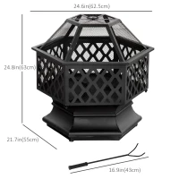 Outsunny Outdoor Fire Pit with Mesh Lid, Portable Wood Burning Firebowl with Poker for Patio, Backyard, Black(m-3)