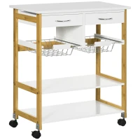 HOMCOM Kitchen Island with Storage, Bamboo Kitchen Cart on Wheels with 2 Drawers, 2 Metal Baskets, Open Shelves and Casters with Lock, Natural(m-2)