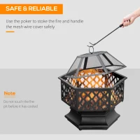 Outsunny Outdoor Fire Pit with Mesh Lid, Portable Wood Burning Firebowl with Poker for Patio, Backyard, Black(m-5)