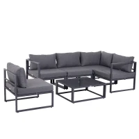 Outsunny Outdoor 6 Piece Aluminum Framed Sectional Sofa Set Conversation Couch Lounger Coffee Table w/ Cushion(m-2)