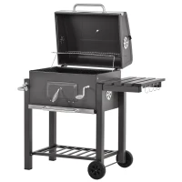 Outsunny BBQ Trolley Charcoal Grill Portable Stainless Steel Barbecue Tool Kits for Camping Hiking Picnic Backyard w/ Wheels and Side Shelf(m-2)