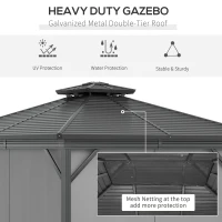 Outsunny 10' x 10' Hardtop Gazebo, Aluminum Frame Garden Sun Shelter with Double Tier Metal Roof, Mosquito Netting, Curtains, and Hanging Hook, Grey(m-4)