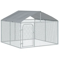 PawHut 7.5' x 7.5' x 5.6' Dog Kennel, Outdoor Dog Run with Waterproof, UV Resistant Roof, Lockable Door for Large-Sized Dogs, Silver(m-1)