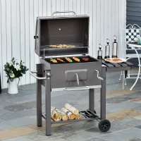 Outsunny BBQ Trolley Charcoal Grill Portable Stainless Steel Barbecue Tool Kits for Camping Hiking Picnic Backyard w/ Wheels and Side Shelf(m-1)