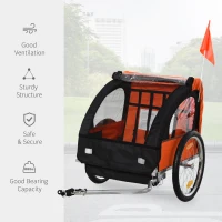 Aosom 2-Seat Child Bike Trailer for Kids with a Strong Steel Frame, 5-Point Safety Harnesses, & Comfortable Seat, Orange(m-5)