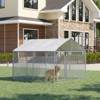PawHut 7.5' x 7.5' x 5.6' Dog Kennel, Outdoor Dog Run with Waterproof, UV Resistant Roof, Lockable Door for Large-Sized Dogs, Silver(m-2)