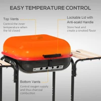 Outsunny Charcoal BBQ Grill Rolling Barbecue Trolley Smoker with Wheels, 2 Side Shelves and a Bottom Shelf Patio Outdoor Garden, Black and Red(m-7)