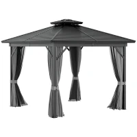 Outsunny 10' x 10' Hardtop Gazebo, Aluminum Frame Garden Sun Shelter with Double Tier Metal Roof, Mosquito Netting, Curtains, and Hanging Hook, Grey(m-2)