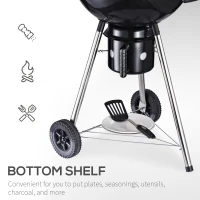 Outsunny Kettle Charcoal BBQ Grill, Portable Barbecue Smoker with Lid and Thermometer, Outdoor Camp Picnic Cooker with Wheels and Storage Shelf(m-5)